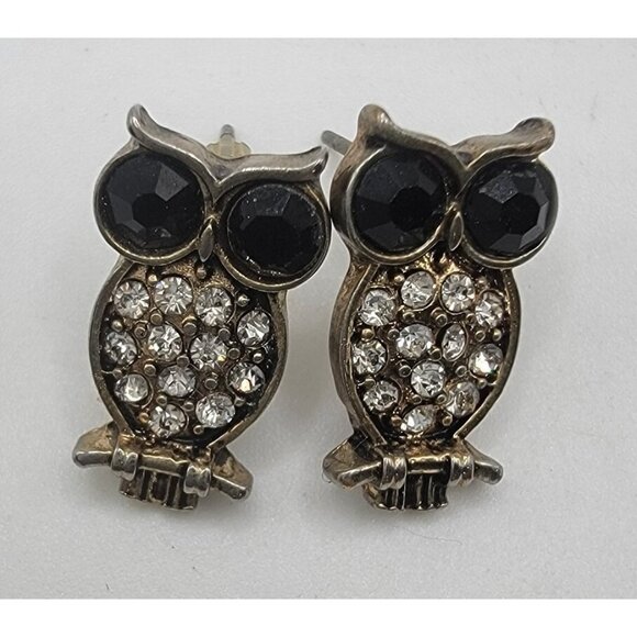 Cute Owl Earrings Black and Rhinestones‎ Never Worn - Picture 1 of 3